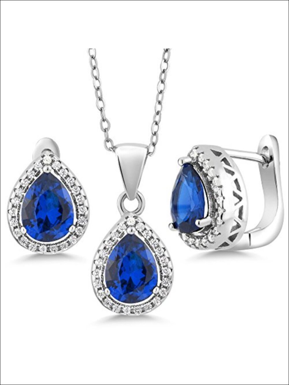 Sterling Silver Pendant & Earring Jewelry Set Pear Cut Simulated Sapphire